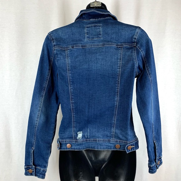 Skinny Fries distressed stretch blue denim jean jacket, size s - Picture 3 of 9